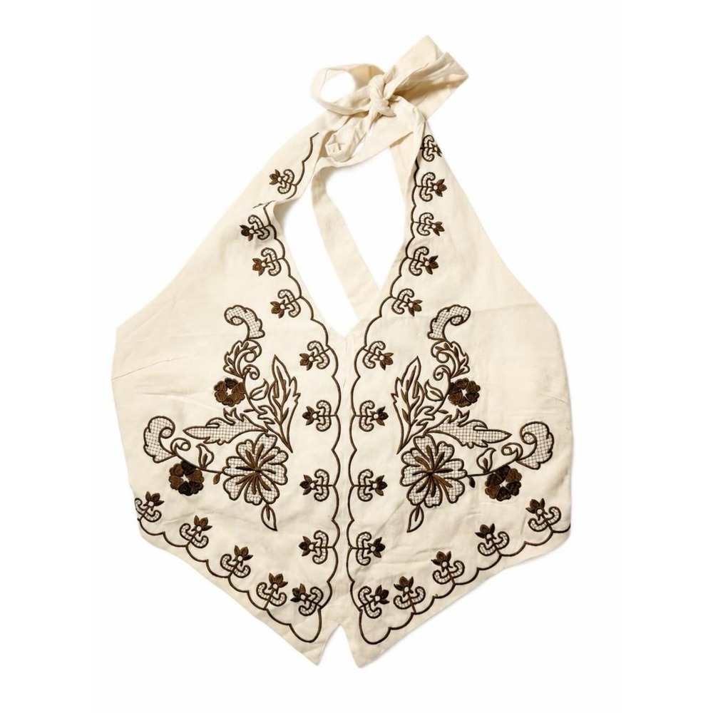 Embroidered Halter Crop Top - Cream with Black Floral Detail Size M